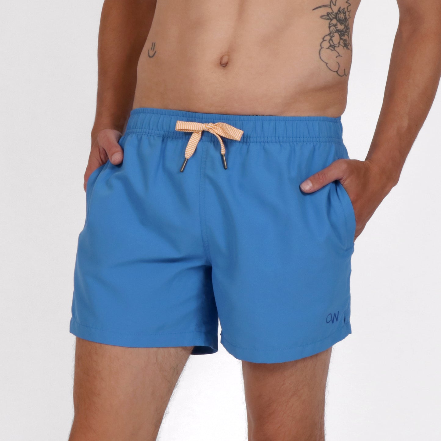 OWSS2203 AZURE BLUE SOLID COLOUR SWIM SHORT RECYCLED POLYESTER ON BODY FRONT