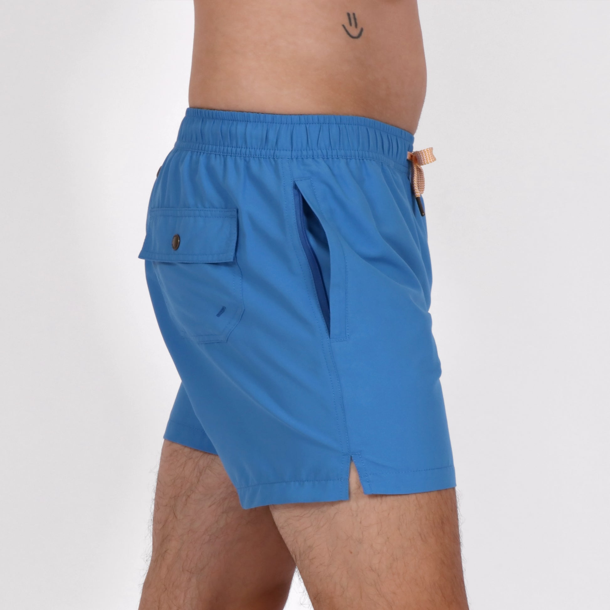 OWSS2203 AZURE BLUE SOLID COLOUR SWIM SHORT RECYCLED POLYESTER SIDE VIEW POCKETS