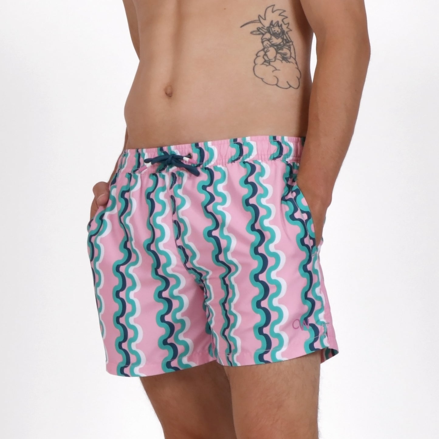 OWSS2205 COCO LOCO PINK STRIPE MENS SWIM SHOT RECYCLED POLYESTER ON BODY FRONT VIEW