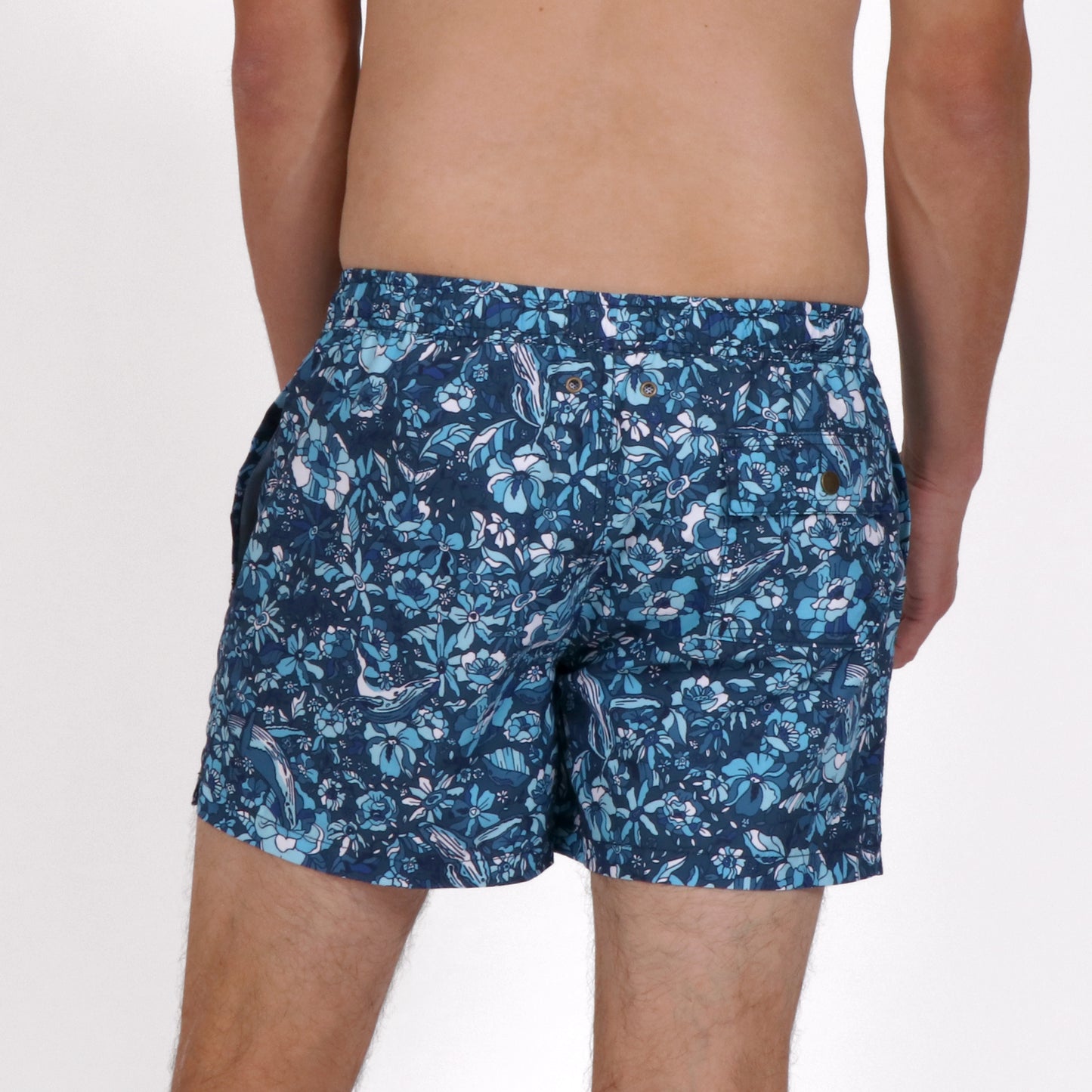 OWSS2206 WHALE OF A FLORAL PRINT MEN'S RECYCLED POLYESTER SWIM SHORT ON BODY BACK VIEW