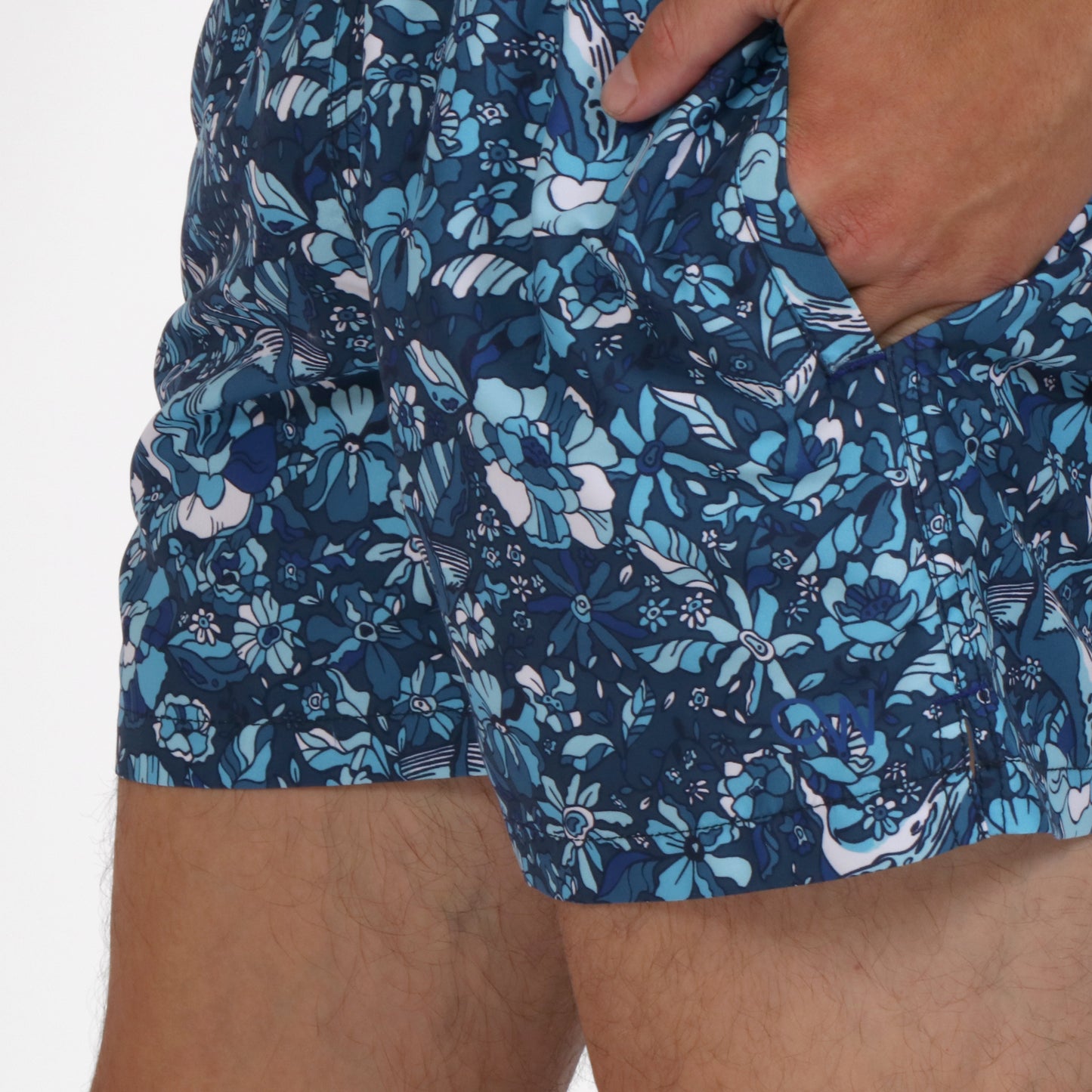 OWSS2206 WHALE OF A FLORAL PRINT MEN'S RECYCLED POLYESTER SWIM SHORT ON BODY OW LOGO DETAIL