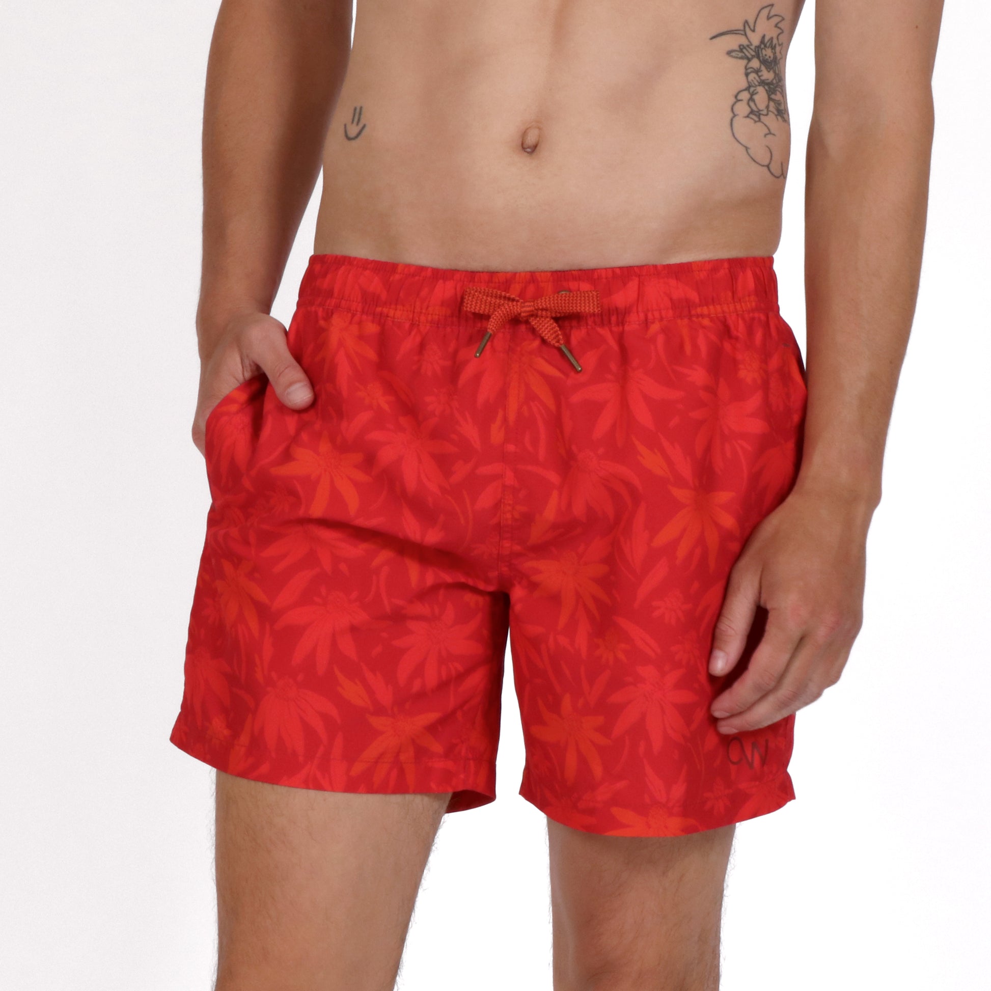 OWSS2210 RED WILD FLOWER PRINT SWIM SHORT RECYCLED POLYESTER ON BODY FRONT VIEW