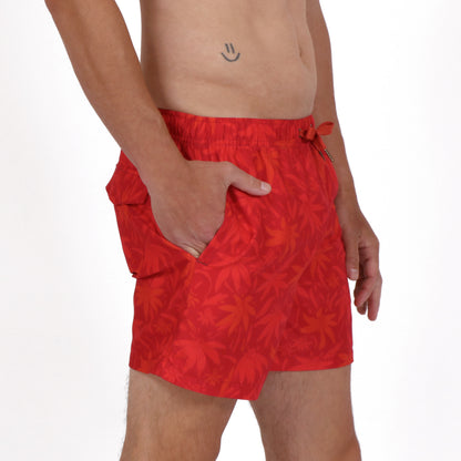 OWSS2210 RED WILD FLOWER PRINT SWIM SHORT RECYCLED POLYESTER ON BODY SIDE VIEW