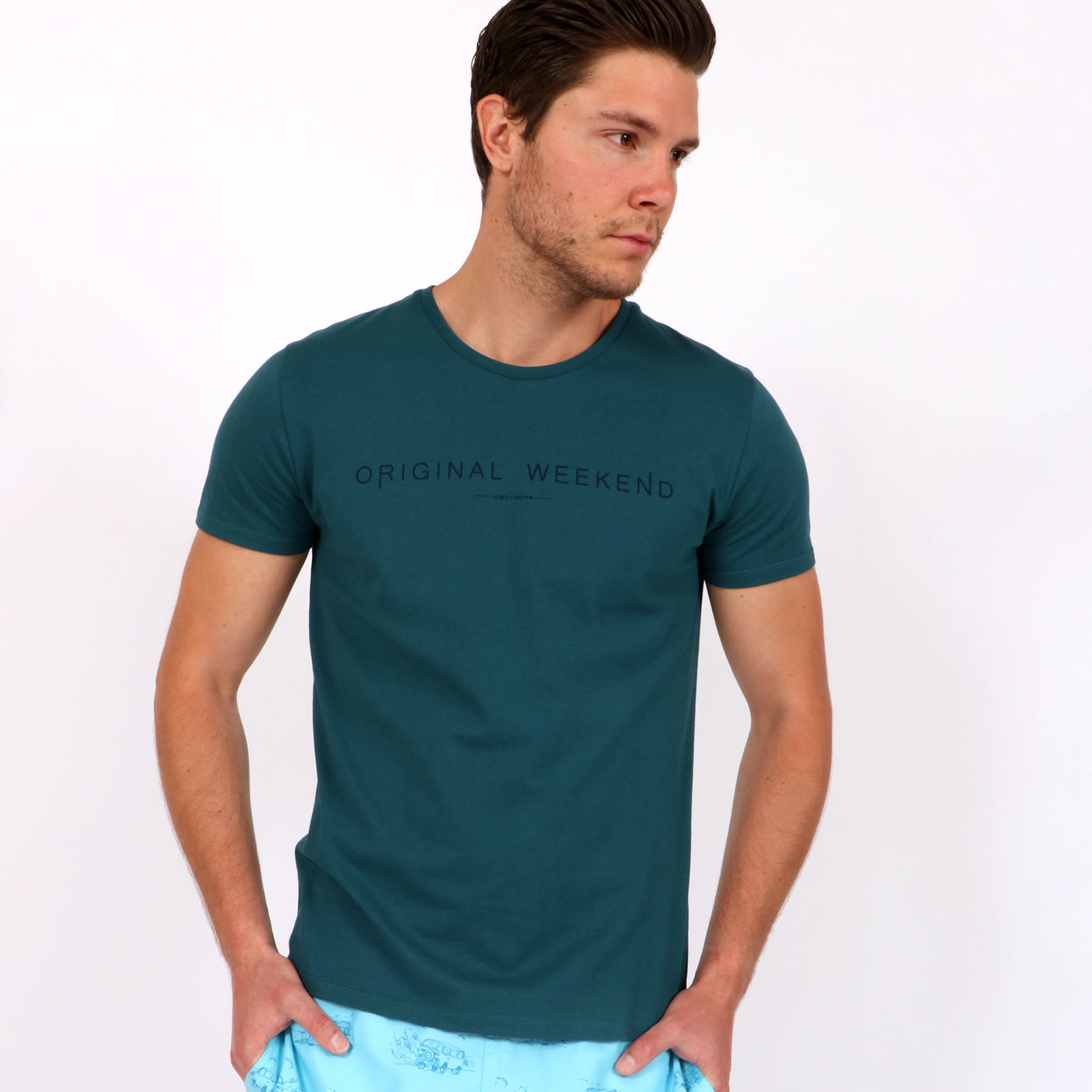 OWTS1802 Atlantic Green men's organic cotton t-shirt with logo print on body front view