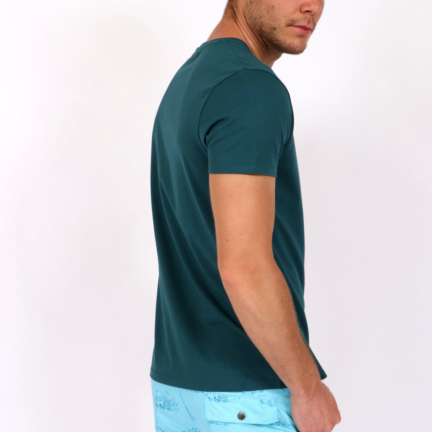 OWTS1802 Atlantic Green men's organic cotton t-shirt with logo print on body side view