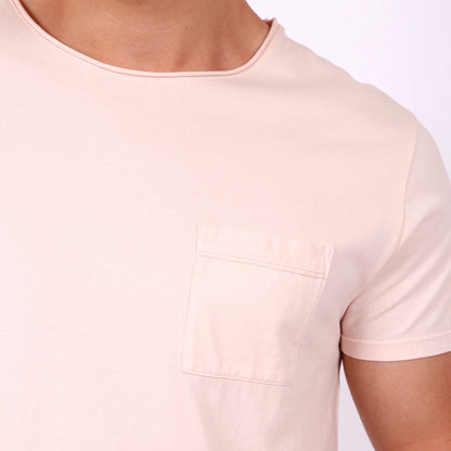OWTS1804 Washed Coral pink garment dyed beach fit men's organic cotton t-shirt with chest pocket and raw edge roll neck details