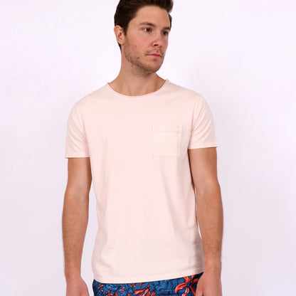 OWTS1804 Washed Coral pink garment dyed beach fit men's organic cotton t-shirt with chest pocket detail on body front view