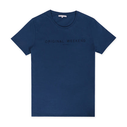 OWTS1901 Denim Blue Original Weekend men's Organic cotton logo print t-shirt flat lay