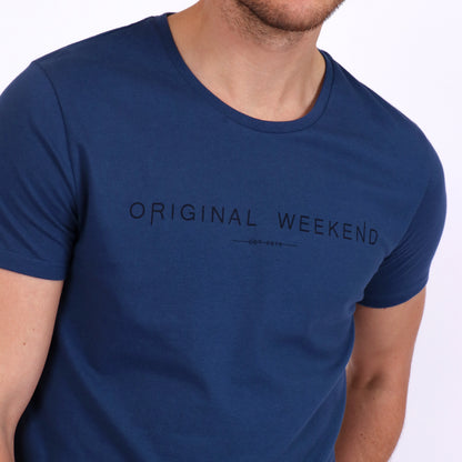 OWTS1901 Denim Blue Original Weekend men's Organic cotton logo print t-shirt front logo print detail