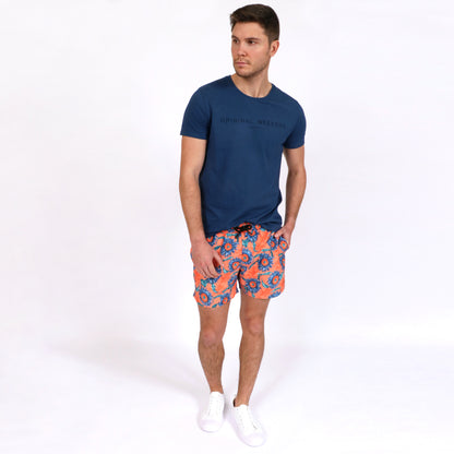 OWTS1901 Denim Blue Original Weekend men's Organic cotton logo print t-shirt styled with OWSS1901 Orange Suflower Print swim short with elastic waist and recycled polyester fabrication