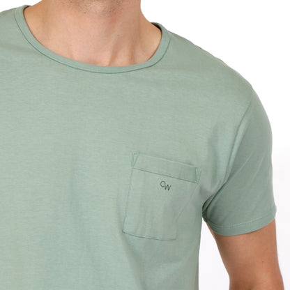 OWTS2101 Moss green Essential Beach T-Shirt on body front pocket detail