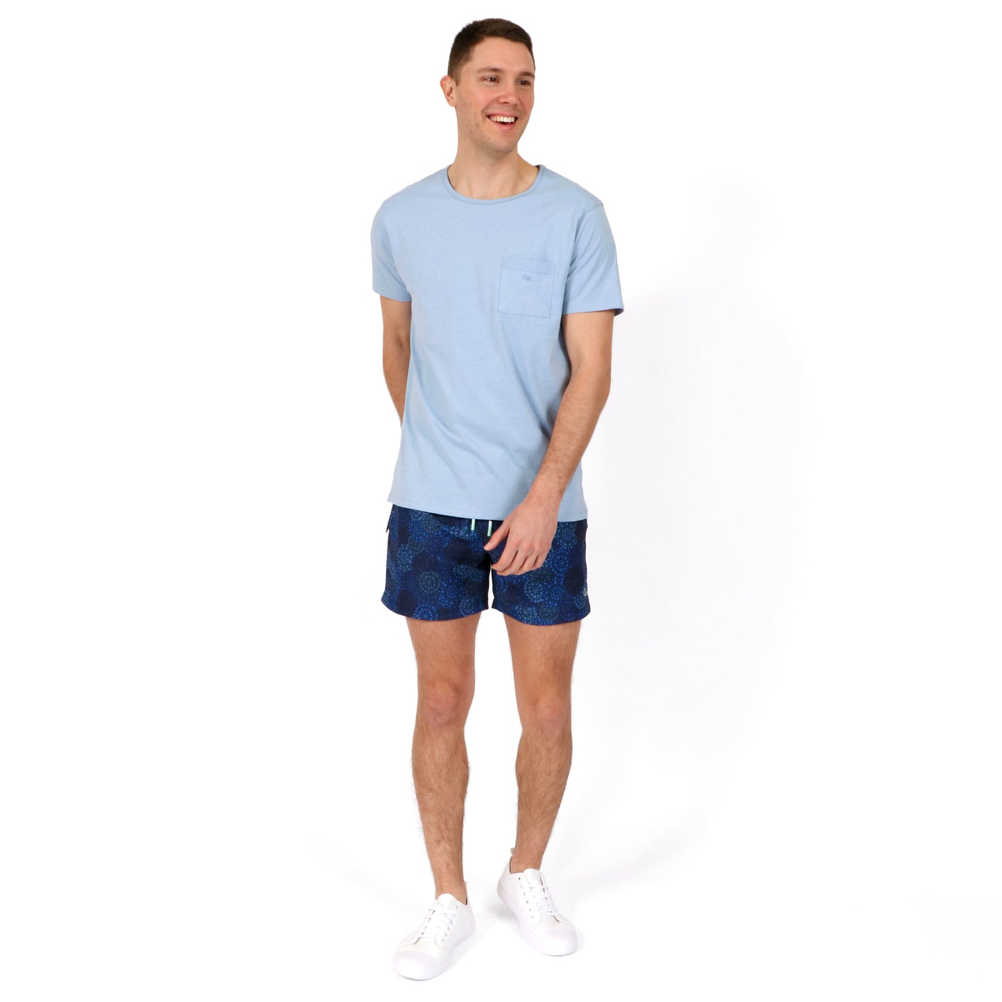 OWTS2101 Steel Fade Blue Essential Beach T-Shirt and OWSS2102 Navy Spot Print Swim Short outfit