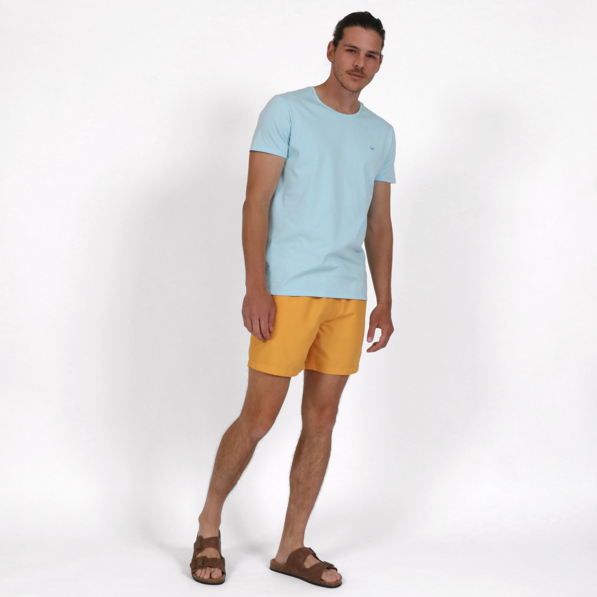 OWSS2208 SUNNY YELLOW COLID COLOUR SWIM SHORT RECYCLED POLYESTER STYLED WITH AQUA BLUE ORGANIC COTTON T-SHIRTS