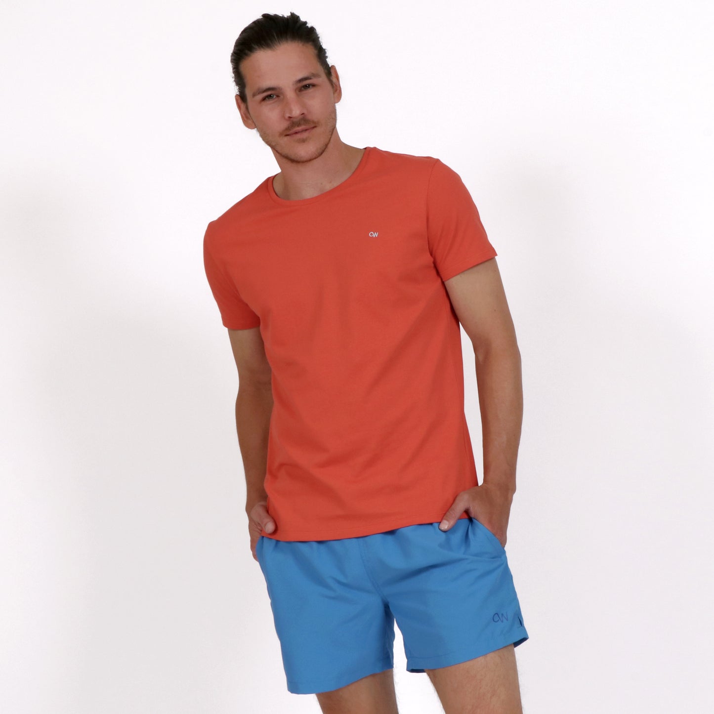 OWSS2203 AZURE BLUE SOLID COLOUR SWIM SHORT RECYCLED POLYESTER STYLED WITH PAPRIKA RED ORGANIC COTTON T-SHIRT