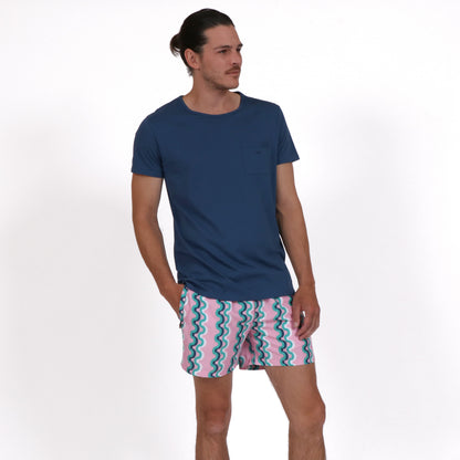 OWSS2205 COCO LOCO PINK STRIPE MENS SWIM SHOT RECYCLED POLYESTER STYLED WITH AEGEAN BLUE ORGANIC COTTON POCKET T-SHIRT
