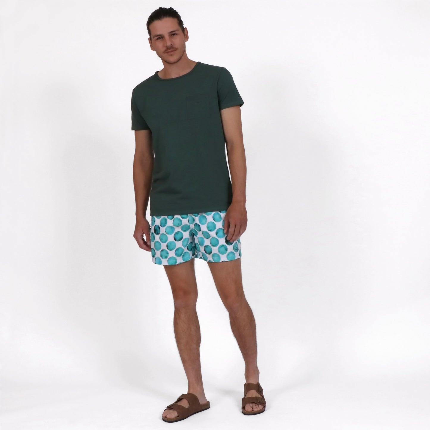 OWSS2204 OCEAN SPOT PRINT SWIM SHORT RECYCLED POLYESTER STYLED WITH FOREST GREEN ORGANIC COTTON POCKET T-SHIRT