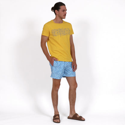 OWSS2209 BLUE WATER SPOT PRINT MEN'S SWIM SHORT RECYCLED POLYESTER STYLED WITH MELLOW FIELD YELLOW PRINT T-SHIRT