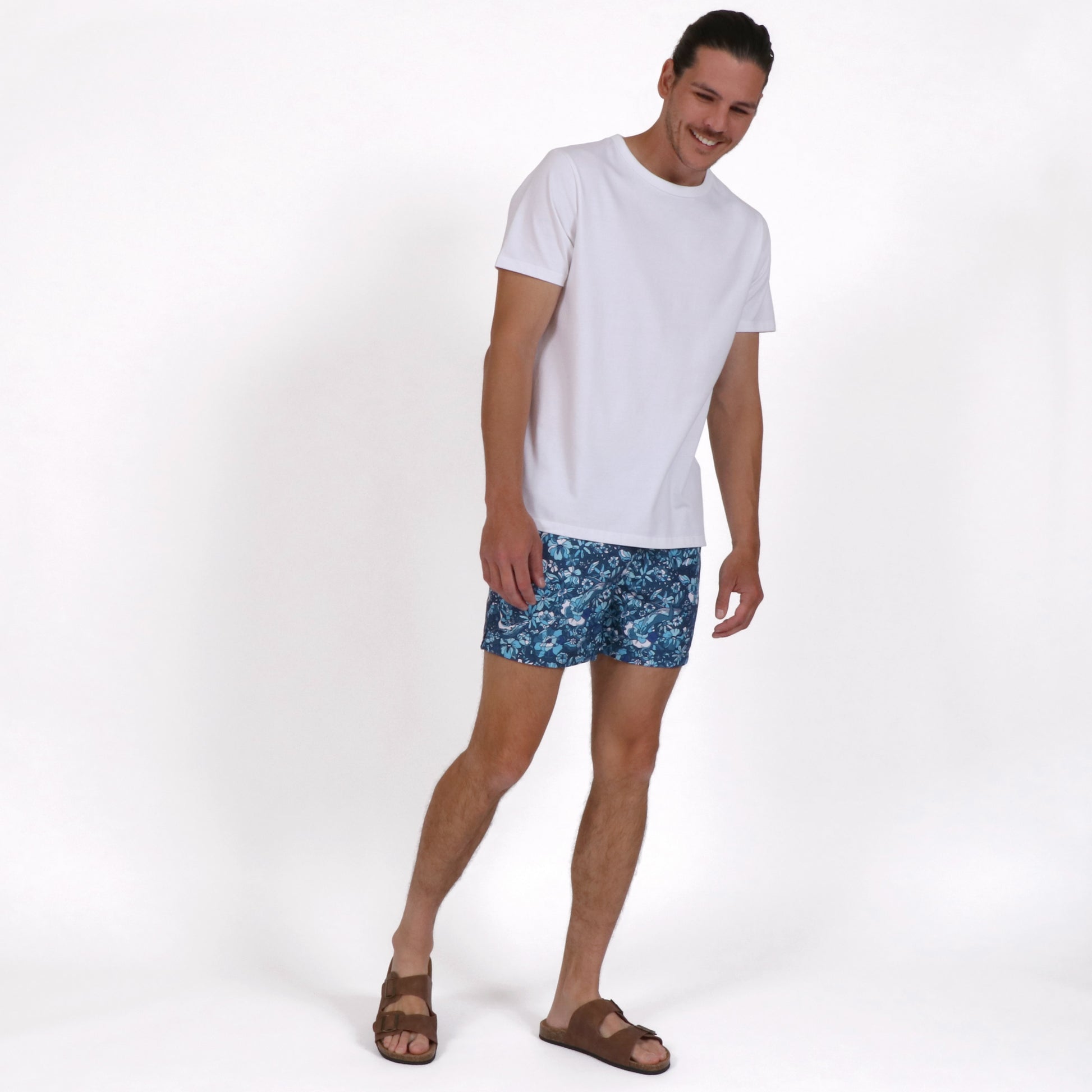 OWSS2206 WHALE OF A FLORAL PRINT MEN'S RECYCLED POLYESTER SWIM SHORT STYLED WITH ORGANIC COTTON BOX FIT T-SHIRT IN WHITE