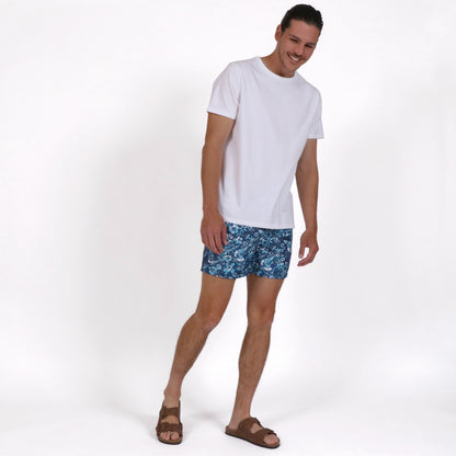 OWTS2205 WHITE MEN'S ORGANIC COTTON BOX FIT T-SHIRT OUTFIT WITH WHALE OF A FLORAL NAVY MEN'S SWIM SHORT